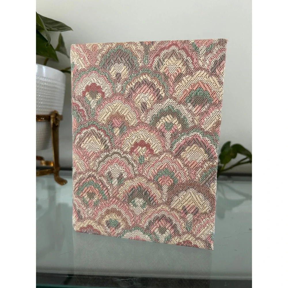 Vintage Tapestry Double Folding Photo Frame Pink Green Woven Fabric 5x7 Oval